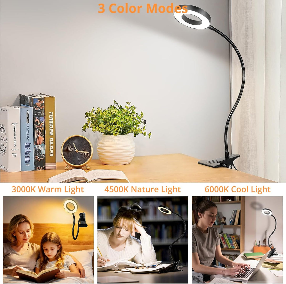 Desk Lamp Clip on Light for Bed Book Reading (Black)
