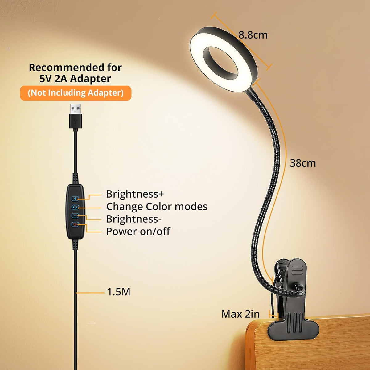 Desk Lamp Clip on Light for Bed Book Reading (Black)
