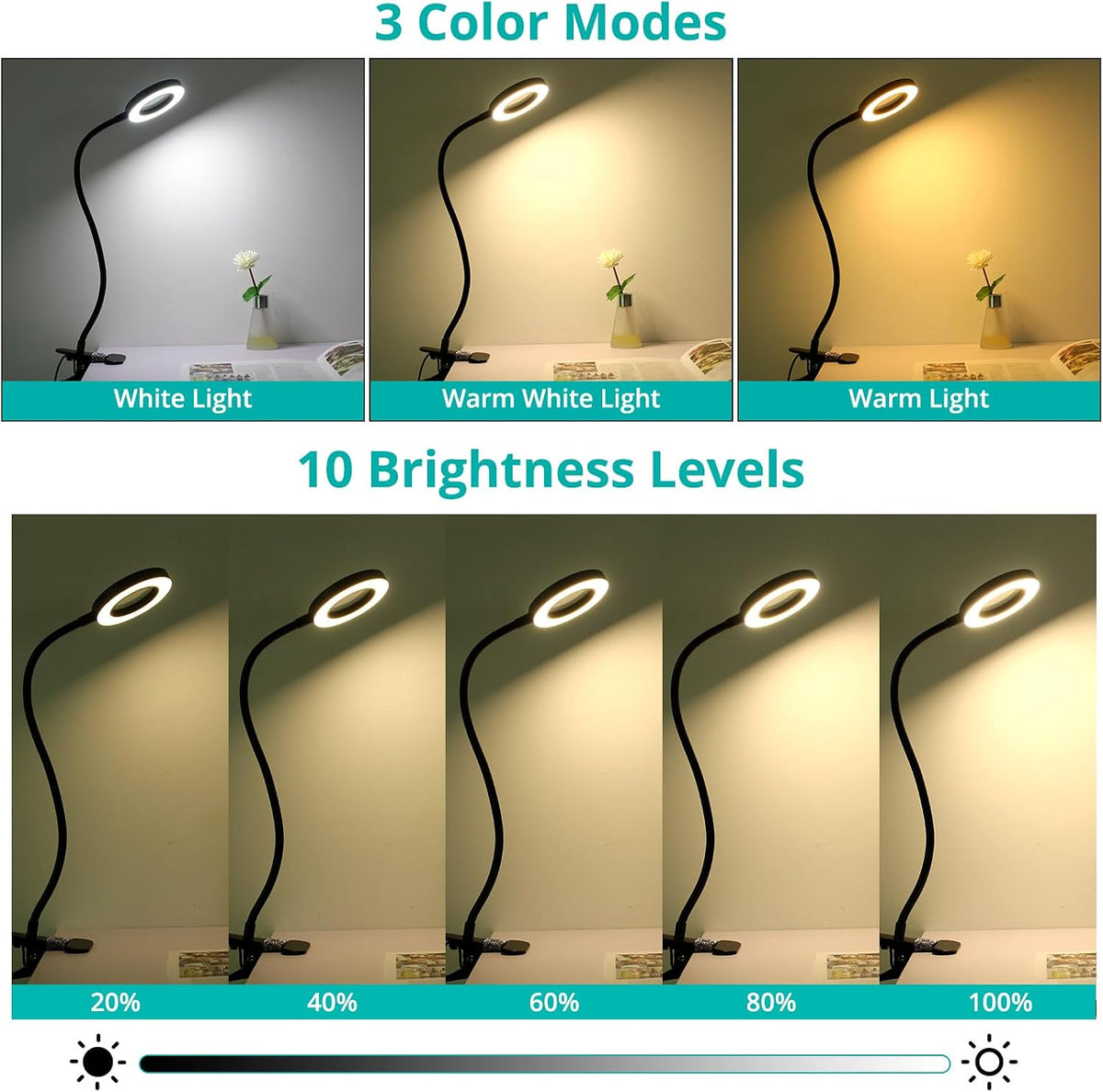 Desk Lamp Clip on Light for Bed Book Reading (Black)