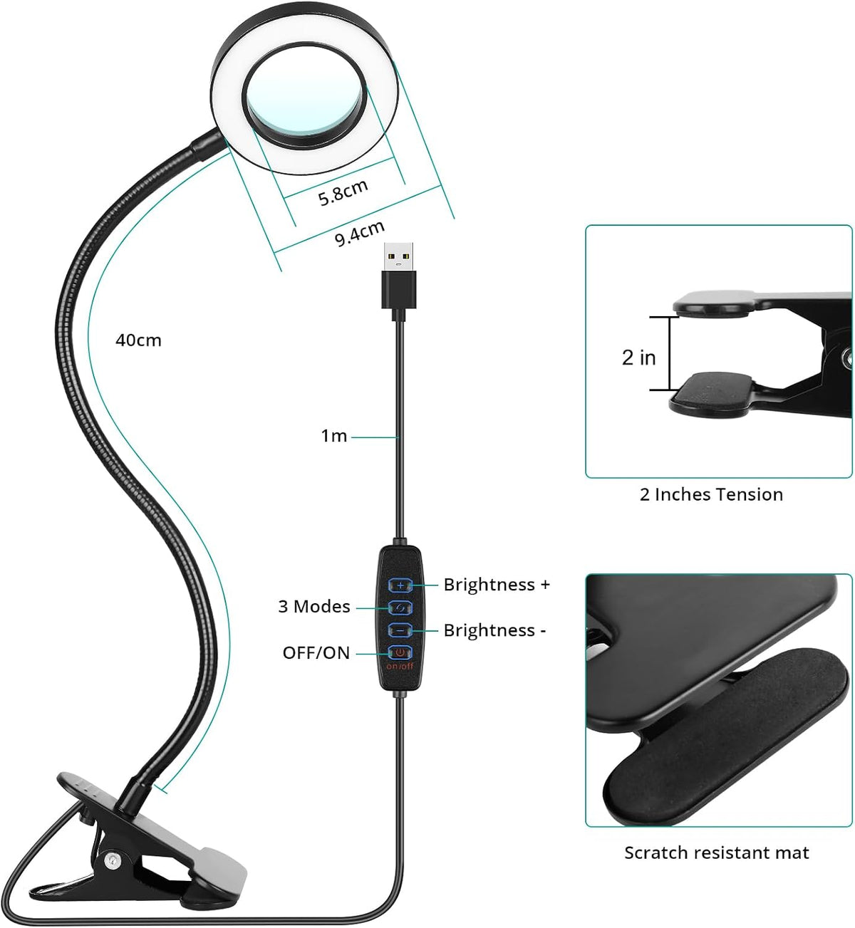 Desk Lamp Clip on Light for Bed Book Reading (Black)