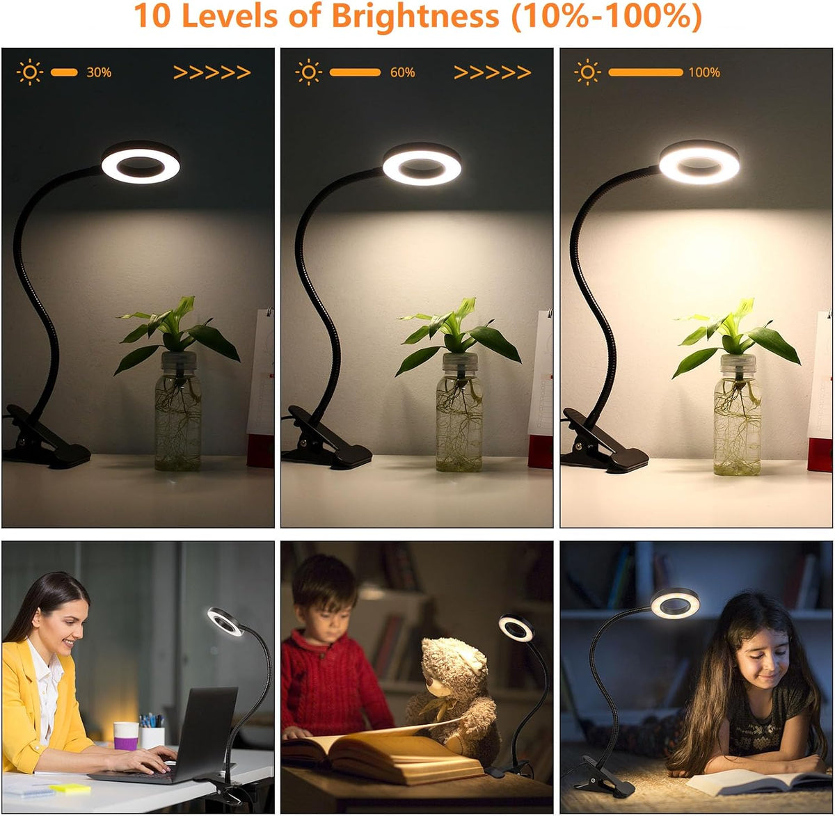 Desk Lamp Clip on Light for Bed Book Reading (Black)
