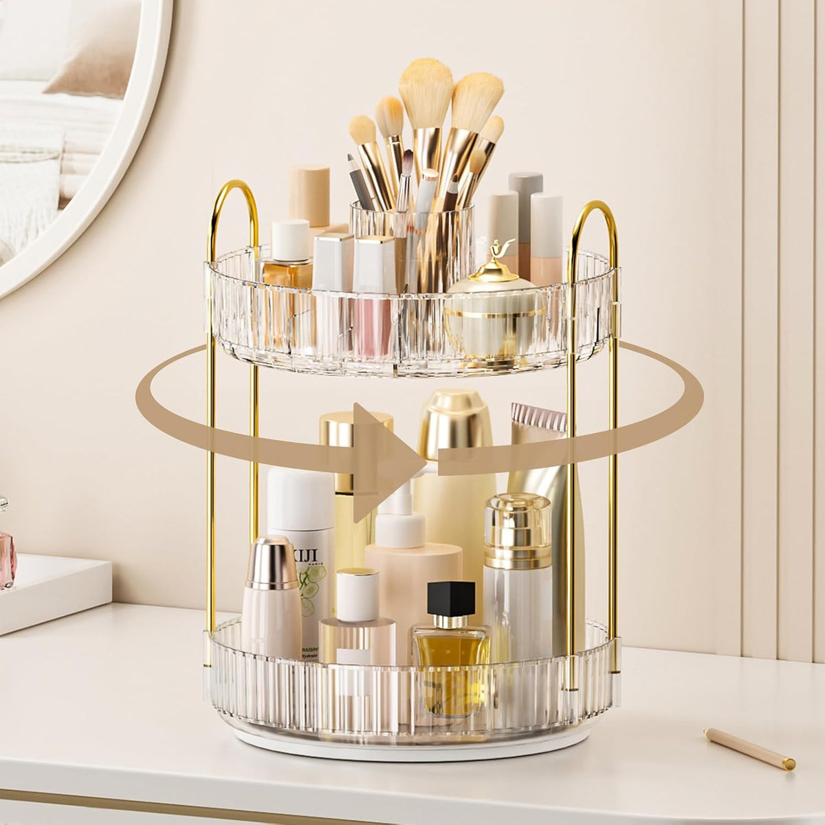 360° Rotating Makeup Organizer, Upgraded 3 Tier Skincare Perfume Organizers for Women, Bathroom Organizer Countertop, Clear Cosmetic Dresser Organizer with Makeup Brush Holder, Sink&Counter(Amber)