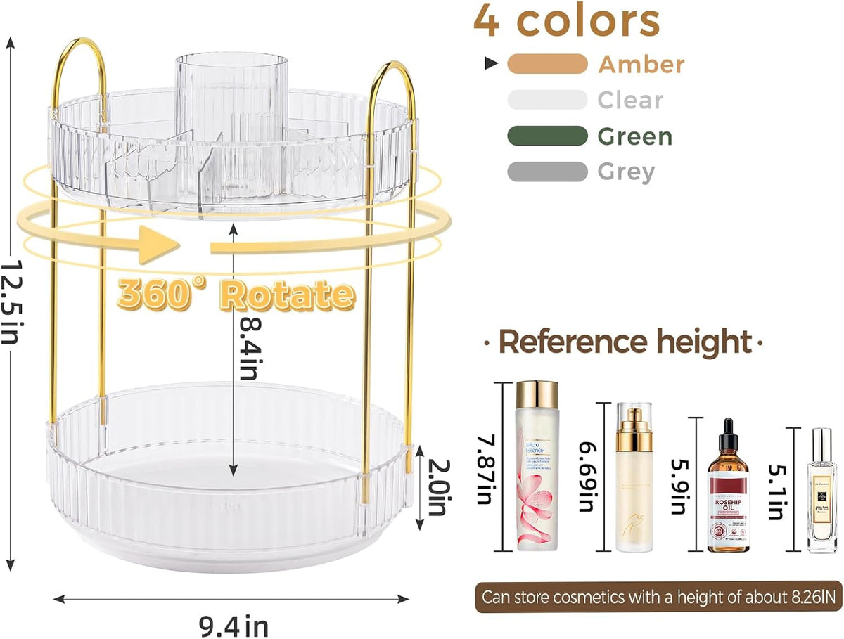360° Rotating Makeup Organizer, Upgraded 3 Tier Skincare Perfume Organizers for Women, Bathroom Organizer Countertop, Clear Cosmetic Dresser Organizer with Makeup Brush Holder, Sink&Counter(Amber)