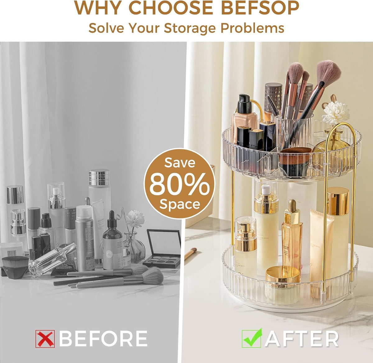 360° Rotating Makeup Organizer, Upgraded 3 Tier Skincare Perfume Organizers for Women, Bathroom Organizer Countertop, Clear Cosmetic Dresser Organizer with Makeup Brush Holder, Sink&Counter(Amber)