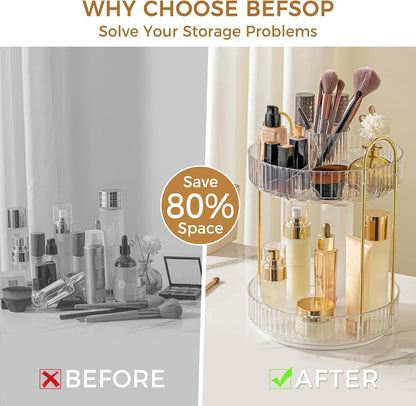 360° Rotating Makeup Organizer, Upgraded 3 Tier Skincare Perfume Organizers for Women, Bathroom Organizer Countertop, Clear Cosmetic Dresser Organizer with Makeup Brush Holder, Sink&Counter(Amber)