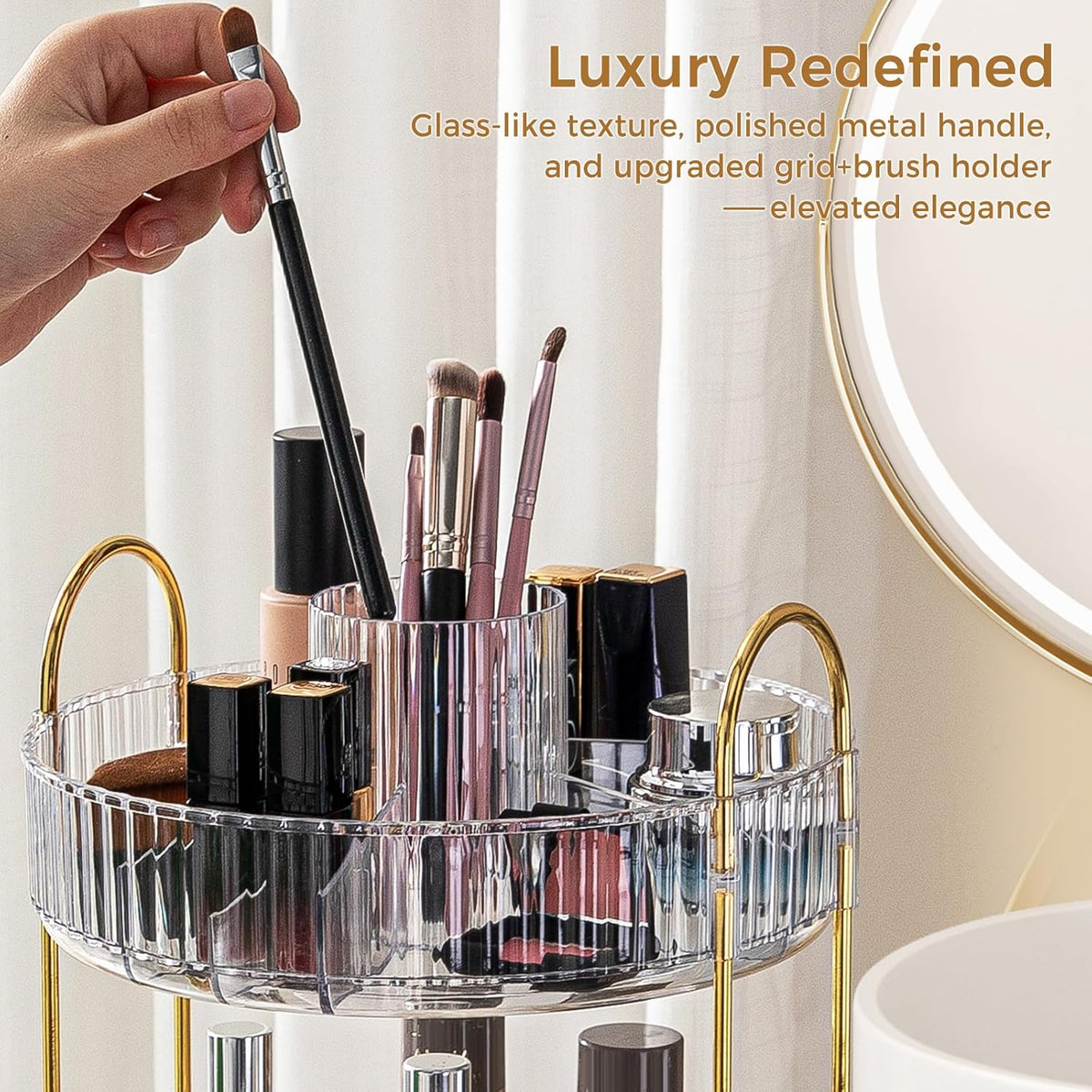 360° Rotating Makeup Organizer, Upgraded 3 Tier Skincare Perfume Organizers for Women, Bathroom Organizer Countertop, Clear Cosmetic Dresser Organizer with Makeup Brush Holder, Sink&Counter(Amber)