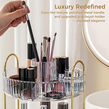 360° Rotating Makeup Organizer, Upgraded 3 Tier Skincare Perfume Organizers for Women, Bathroom Organizer Countertop, Clear Cosmetic Dresser Organizer with Makeup Brush Holder, Sink&Counter(Amber)