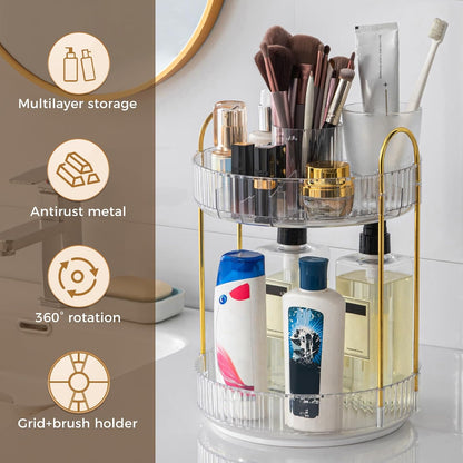 360° Rotating Makeup Organizer, Upgraded 3 Tier Skincare Perfume Organizers for Women, Bathroom Organizer Countertop, Clear Cosmetic Dresser Organizer with Makeup Brush Holder, Sink&Counter(Amber)