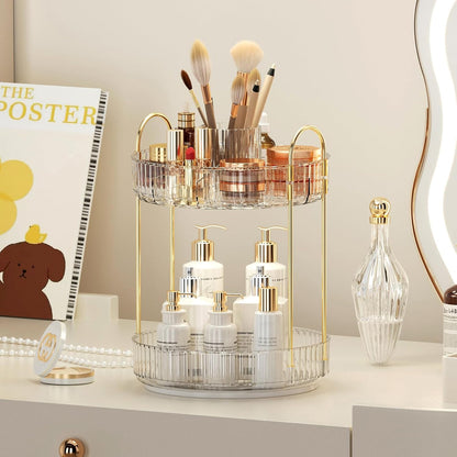 360° Rotating Makeup Organizer, Upgraded 3 Tier Skincare Perfume Organizers for Women, Bathroom Organizer Countertop, Clear Cosmetic Dresser Organizer with Makeup Brush Holder, Sink&Counter(Amber)