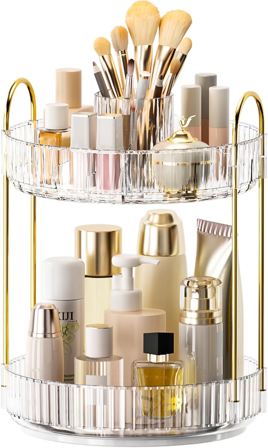 360° Rotating Makeup Organizer, Upgraded 3 Tier Skincare Perfume Organizers for Women, Bathroom Organizer Countertop, Clear Cosmetic Dresser Organizer with Makeup Brush Holder, Sink&Counter(Amber)