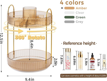 360° Rotating Makeup Organizer, Upgraded 3 Tier Skincare Perfume Organizers for Women, Bathroom Organizer Countertop, Clear Cosmetic Dresser Organizer with Makeup Brush Holder, Sink&Counter(Amber)