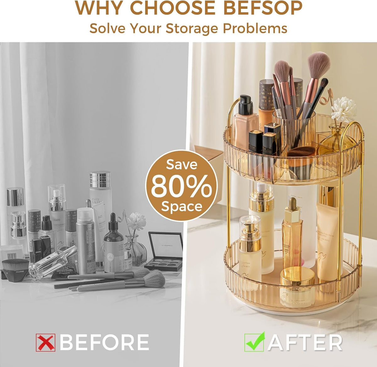 360° Rotating Makeup Organizer, Upgraded 3 Tier Skincare Perfume Organizers for Women, Bathroom Organizer Countertop, Clear Cosmetic Dresser Organizer with Makeup Brush Holder, Sink&Counter(Amber)