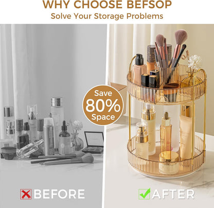 360° Rotating Makeup Organizer, Upgraded 3 Tier Skincare Perfume Organizers for Women, Bathroom Organizer Countertop, Clear Cosmetic Dresser Organizer with Makeup Brush Holder, Sink&Counter(Amber)