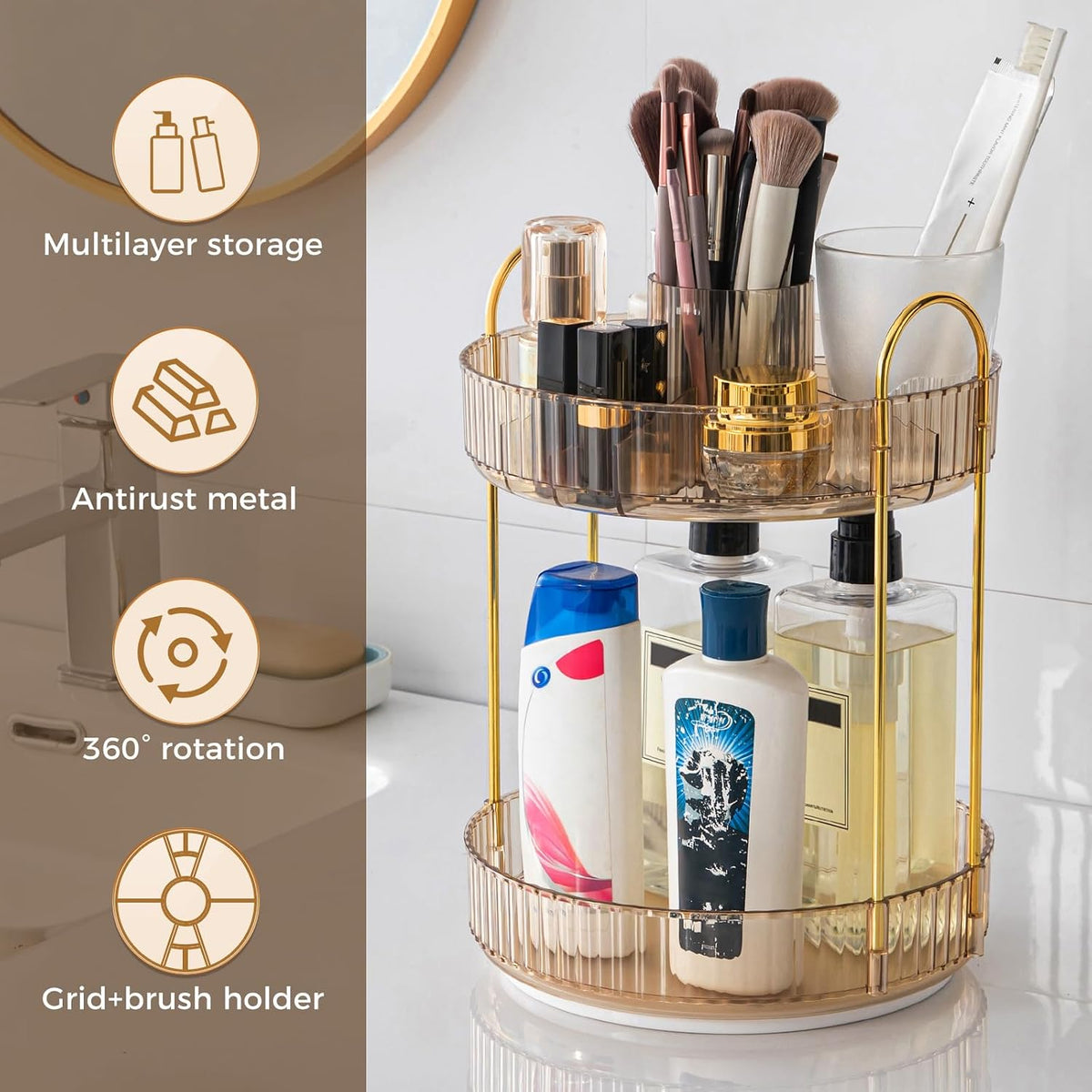360° Rotating Makeup Organizer, Upgraded 3 Tier Skincare Perfume Organizers for Women, Bathroom Organizer Countertop, Clear Cosmetic Dresser Organizer with Makeup Brush Holder, Sink&Counter(Amber)