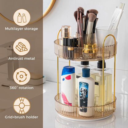 360° Rotating Makeup Organizer, Upgraded 3 Tier Skincare Perfume Organizers for Women, Bathroom Organizer Countertop, Clear Cosmetic Dresser Organizer with Makeup Brush Holder, Sink&Counter(Amber)
