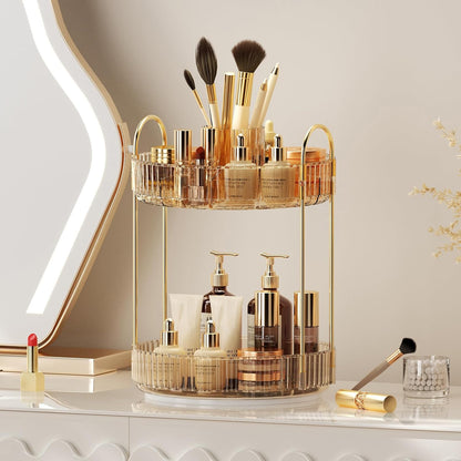 360° Rotating Makeup Organizer, Upgraded 3 Tier Skincare Perfume Organizers for Women, Bathroom Organizer Countertop, Clear Cosmetic Dresser Organizer with Makeup Brush Holder, Sink&Counter(Amber)