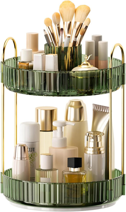 360° Rotating Makeup Organizer, Upgraded 3 Tier Skincare Perfume Organizers for Women, Bathroom Organizer Countertop, Clear Cosmetic Dresser Organizer with Makeup Brush Holder, Sink&Counter(Amber)