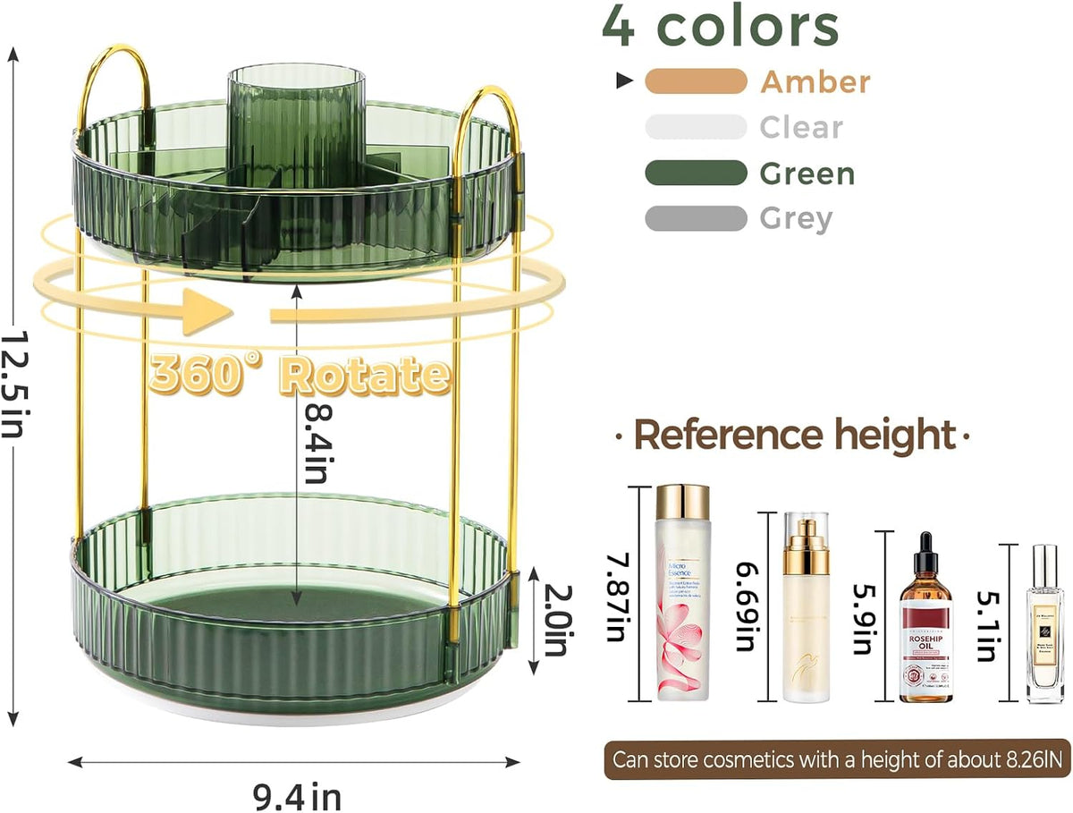 360° Rotating Makeup Organizer, Upgraded 3 Tier Skincare Perfume Organizers for Women, Bathroom Organizer Countertop, Clear Cosmetic Dresser Organizer with Makeup Brush Holder, Sink&Counter(Amber)