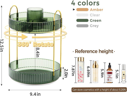 360° Rotating Makeup Organizer, Upgraded 3 Tier Skincare Perfume Organizers for Women, Bathroom Organizer Countertop, Clear Cosmetic Dresser Organizer with Makeup Brush Holder, Sink&Counter(Amber)