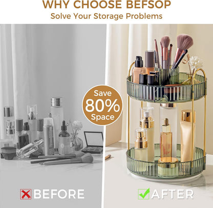 360° Rotating Makeup Organizer, Upgraded 3 Tier Skincare Perfume Organizers for Women, Bathroom Organizer Countertop, Clear Cosmetic Dresser Organizer with Makeup Brush Holder, Sink&Counter(Amber)