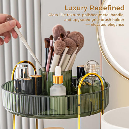 360° Rotating Makeup Organizer, Upgraded 3 Tier Skincare Perfume Organizers for Women, Bathroom Organizer Countertop, Clear Cosmetic Dresser Organizer with Makeup Brush Holder, Sink&Counter(Amber)