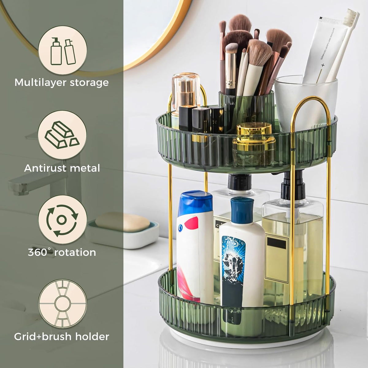 360° Rotating Makeup Organizer, Upgraded 3 Tier Skincare Perfume Organizers for Women, Bathroom Organizer Countertop, Clear Cosmetic Dresser Organizer with Makeup Brush Holder, Sink&Counter(Amber)