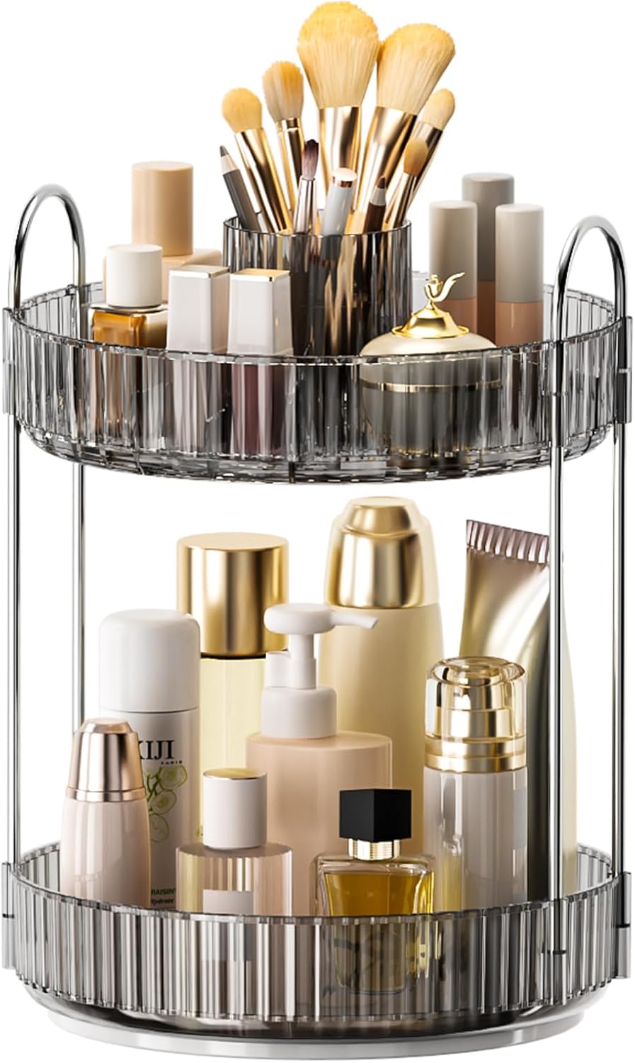 360° Rotating Makeup Organizer, Upgraded 3 Tier Skincare Perfume Organizers for Women, Bathroom Organizer Countertop, Clear Cosmetic Dresser Organizer with Makeup Brush Holder, Sink&Counter(Amber)