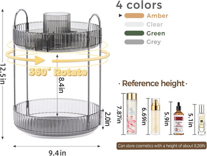 360° Rotating Makeup Organizer, Upgraded 3 Tier Skincare Perfume Organizers for Women, Bathroom Organizer Countertop, Clear Cosmetic Dresser Organizer with Makeup Brush Holder, Sink&Counter(Amber)