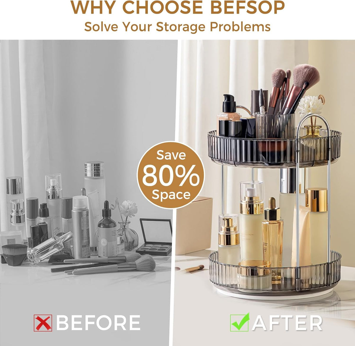 360° Rotating Makeup Organizer, Upgraded 3 Tier Skincare Perfume Organizers for Women, Bathroom Organizer Countertop, Clear Cosmetic Dresser Organizer with Makeup Brush Holder, Sink&Counter(Amber)