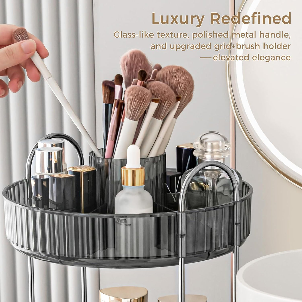 360° Rotating Makeup Organizer, Upgraded 3 Tier Skincare Perfume Organizers for Women, Bathroom Organizer Countertop, Clear Cosmetic Dresser Organizer with Makeup Brush Holder, Sink&Counter(Amber)
