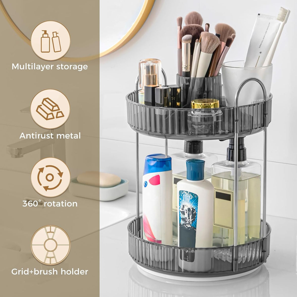 360° Rotating Makeup Organizer, Upgraded 3 Tier Skincare Perfume Organizers for Women, Bathroom Organizer Countertop, Clear Cosmetic Dresser Organizer with Makeup Brush Holder, Sink&Counter(Amber)