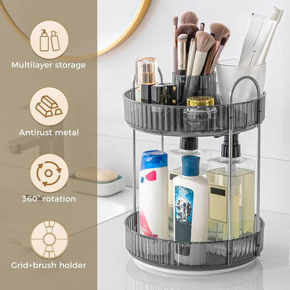 360° Rotating Makeup Organizer, Upgraded 3 Tier Skincare Perfume Organizers for Women, Bathroom Organizer Countertop, Clear Cosmetic Dresser Organizer with Makeup Brush Holder, Sink&Counter(Amber)