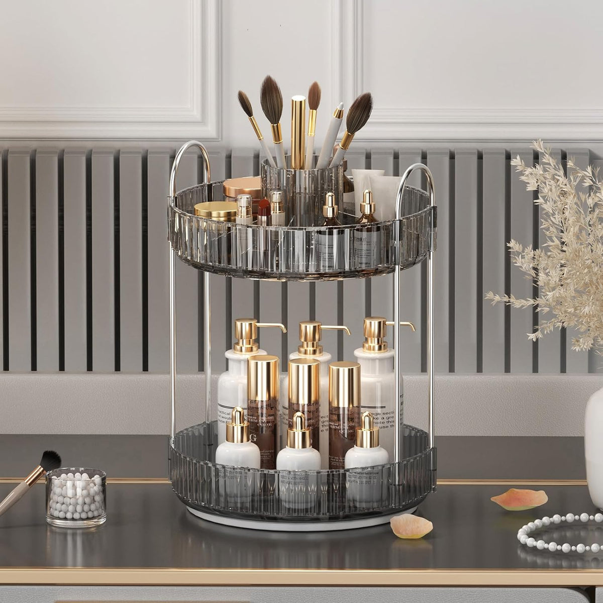 360° Rotating Makeup Organizer, Upgraded 3 Tier Skincare Perfume Organizers for Women, Bathroom Organizer Countertop, Clear Cosmetic Dresser Organizer with Makeup Brush Holder, Sink&Counter(Amber)