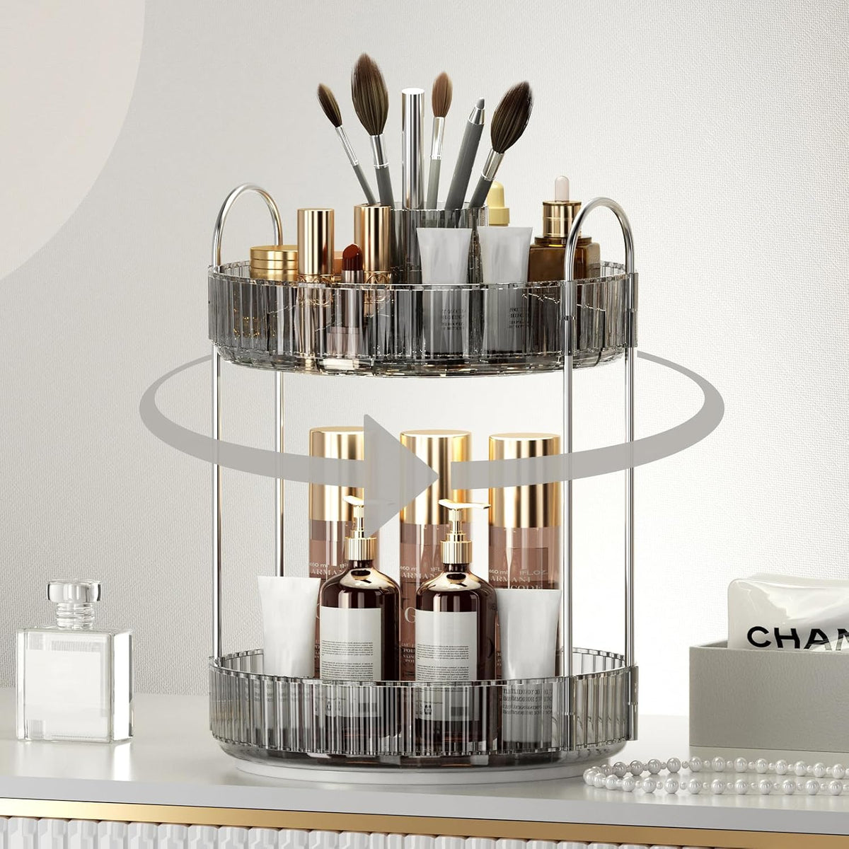 360° Rotating Makeup Organizer, Upgraded 3 Tier Skincare Perfume Organizers for Women, Bathroom Organizer Countertop, Clear Cosmetic Dresser Organizer with Makeup Brush Holder, Sink&Counter(Amber)