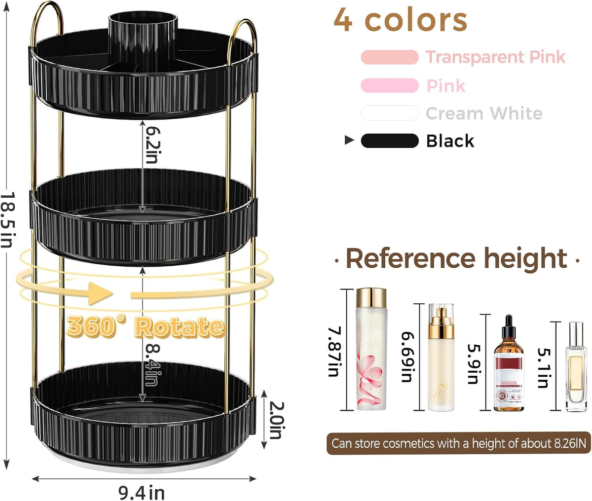 360° Rotating Makeup Organizer, Upgraded 3 Tier Skincare Perfume Organizers for Women, Bathroom Organizer Countertop, Clear Cosmetic Dresser Organizer with Makeup Brush Holder, Sink&Counter(Amber)