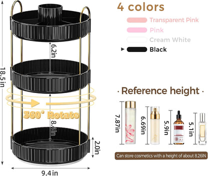 360° Rotating Makeup Organizer, Upgraded 3 Tier Skincare Perfume Organizers for Women, Bathroom Organizer Countertop, Clear Cosmetic Dresser Organizer with Makeup Brush Holder, Sink&Counter(Amber)