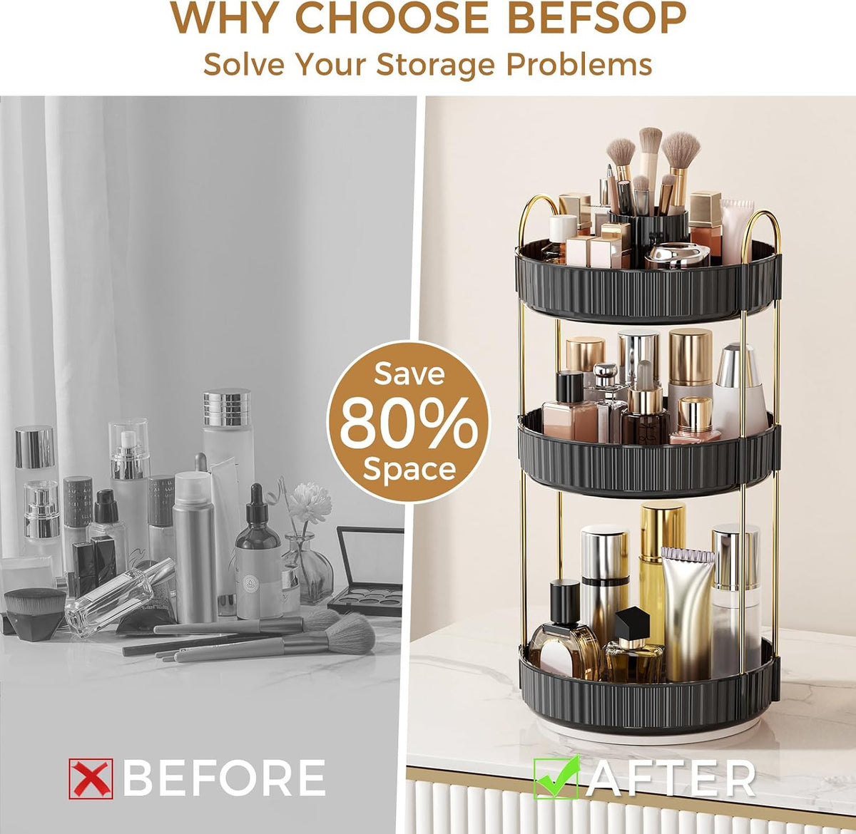 360° Rotating Makeup Organizer, Upgraded 3 Tier Skincare Perfume Organizers for Women, Bathroom Organizer Countertop, Clear Cosmetic Dresser Organizer with Makeup Brush Holder, Sink&Counter(Amber)