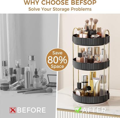 360° Rotating Makeup Organizer, Upgraded 3 Tier Skincare Perfume Organizers for Women, Bathroom Organizer Countertop, Clear Cosmetic Dresser Organizer with Makeup Brush Holder, Sink&Counter(Amber)