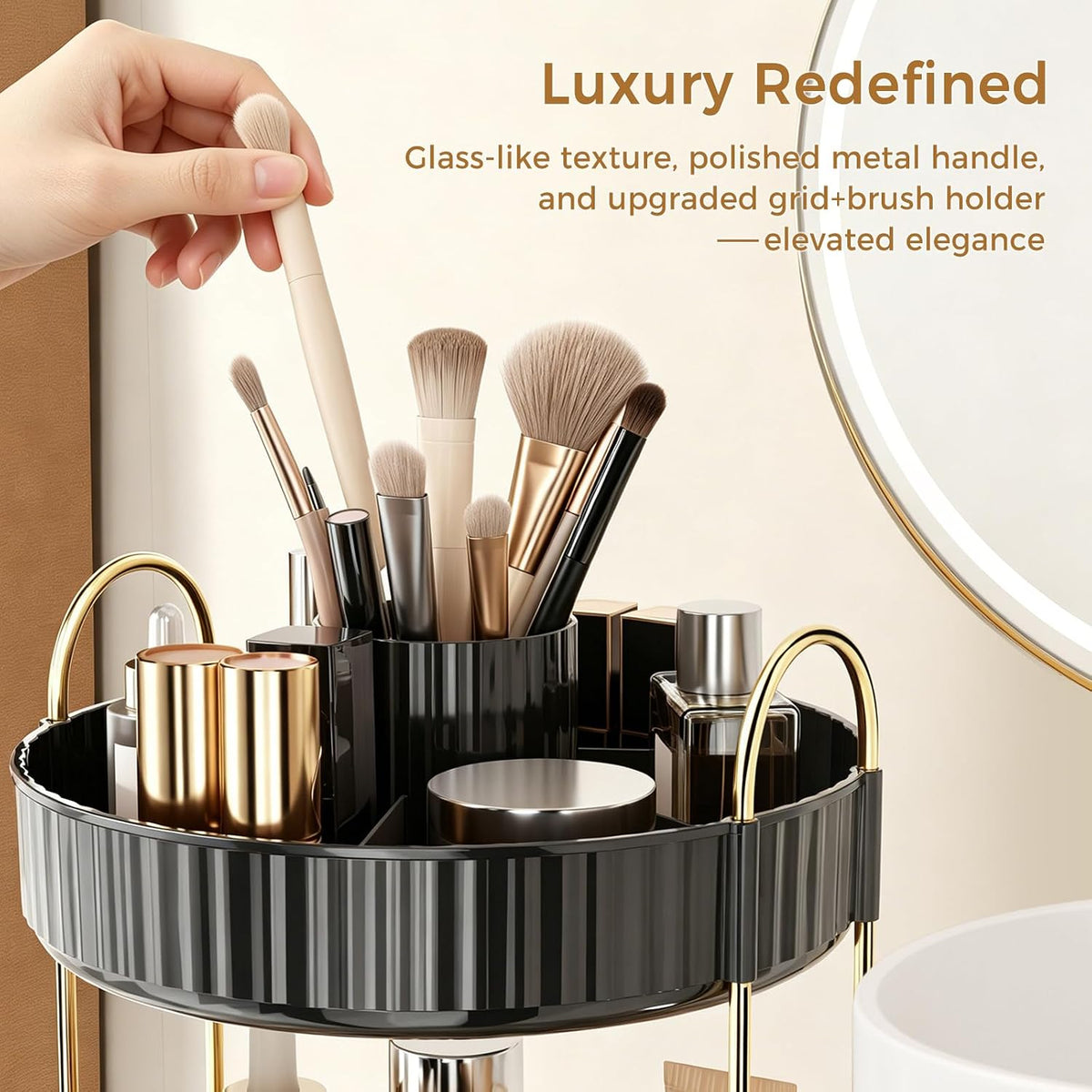 360° Rotating Makeup Organizer, Upgraded 3 Tier Skincare Perfume Organizers for Women, Bathroom Organizer Countertop, Clear Cosmetic Dresser Organizer with Makeup Brush Holder, Sink&Counter(Amber)