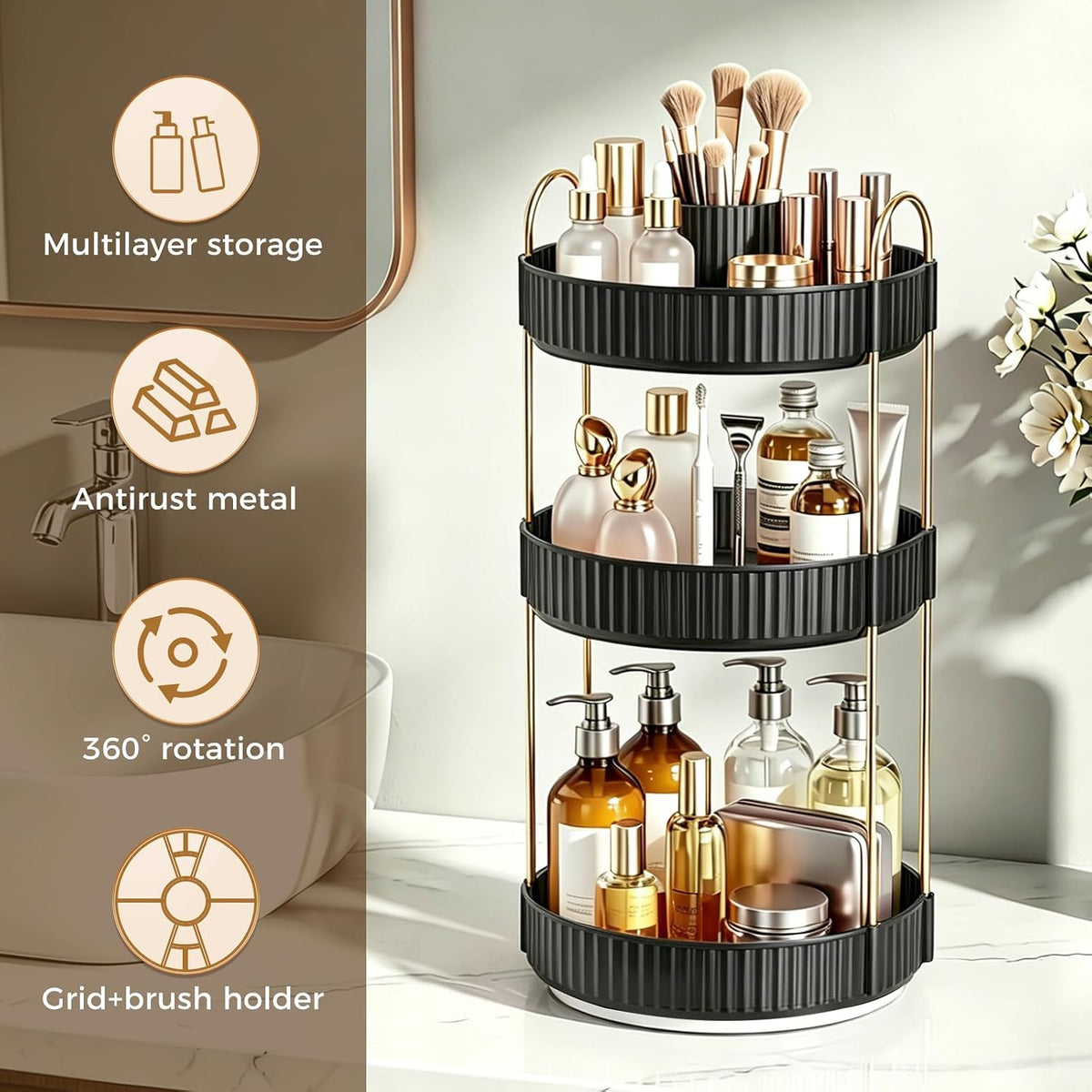 360° Rotating Makeup Organizer, Upgraded 3 Tier Skincare Perfume Organizers for Women, Bathroom Organizer Countertop, Clear Cosmetic Dresser Organizer with Makeup Brush Holder, Sink&Counter(Amber)