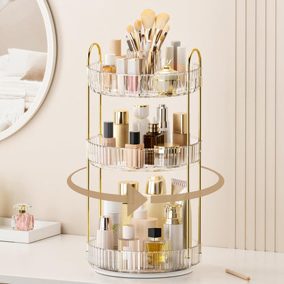 360° Rotating Makeup Organizer, Upgraded 3 Tier Skincare Perfume Organizers for Women, Bathroom Organizer Countertop, Clear Cosmetic Dresser Organizer with Makeup Brush Holder, Sink&Counter(Amber)