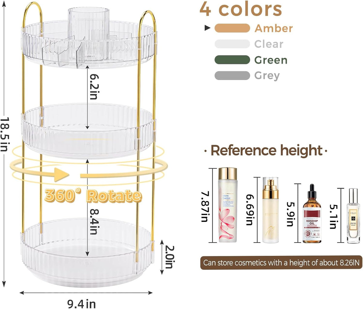 360° Rotating Makeup Organizer, Upgraded 3 Tier Skincare Perfume Organizers for Women, Bathroom Organizer Countertop, Clear Cosmetic Dresser Organizer with Makeup Brush Holder, Sink&Counter(Amber)