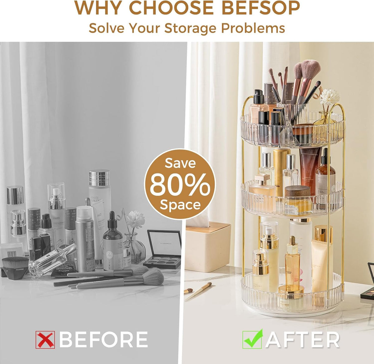 360° Rotating Makeup Organizer, Upgraded 3 Tier Skincare Perfume Organizers for Women, Bathroom Organizer Countertop, Clear Cosmetic Dresser Organizer with Makeup Brush Holder, Sink&Counter(Amber)