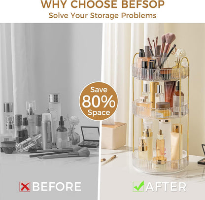 360° Rotating Makeup Organizer, Upgraded 3 Tier Skincare Perfume Organizers for Women, Bathroom Organizer Countertop, Clear Cosmetic Dresser Organizer with Makeup Brush Holder, Sink&Counter(Amber)