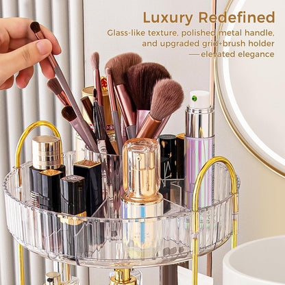 360° Rotating Makeup Organizer, Upgraded 3 Tier Skincare Perfume Organizers for Women, Bathroom Organizer Countertop, Clear Cosmetic Dresser Organizer with Makeup Brush Holder, Sink&Counter(Amber)