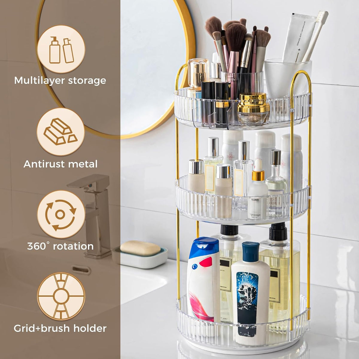 360° Rotating Makeup Organizer, Upgraded 3 Tier Skincare Perfume Organizers for Women, Bathroom Organizer Countertop, Clear Cosmetic Dresser Organizer with Makeup Brush Holder, Sink&Counter(Amber)