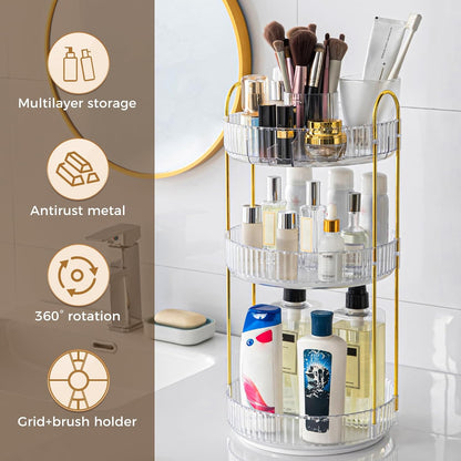 360° Rotating Makeup Organizer, Upgraded 3 Tier Skincare Perfume Organizers for Women, Bathroom Organizer Countertop, Clear Cosmetic Dresser Organizer with Makeup Brush Holder, Sink&Counter(Amber)