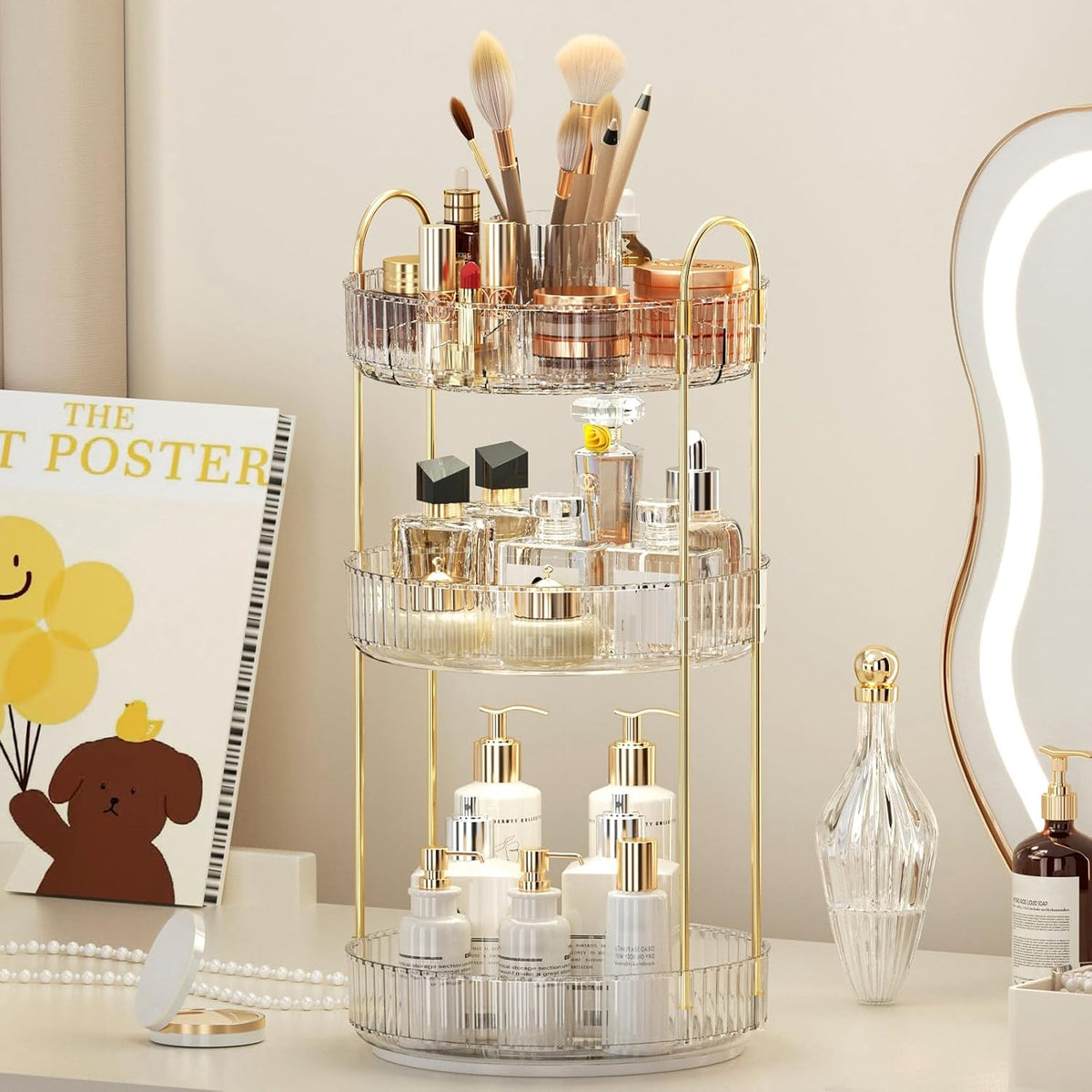 360° Rotating Makeup Organizer, Upgraded 3 Tier Skincare Perfume Organizers for Women, Bathroom Organizer Countertop, Clear Cosmetic Dresser Organizer with Makeup Brush Holder, Sink&Counter(Amber)