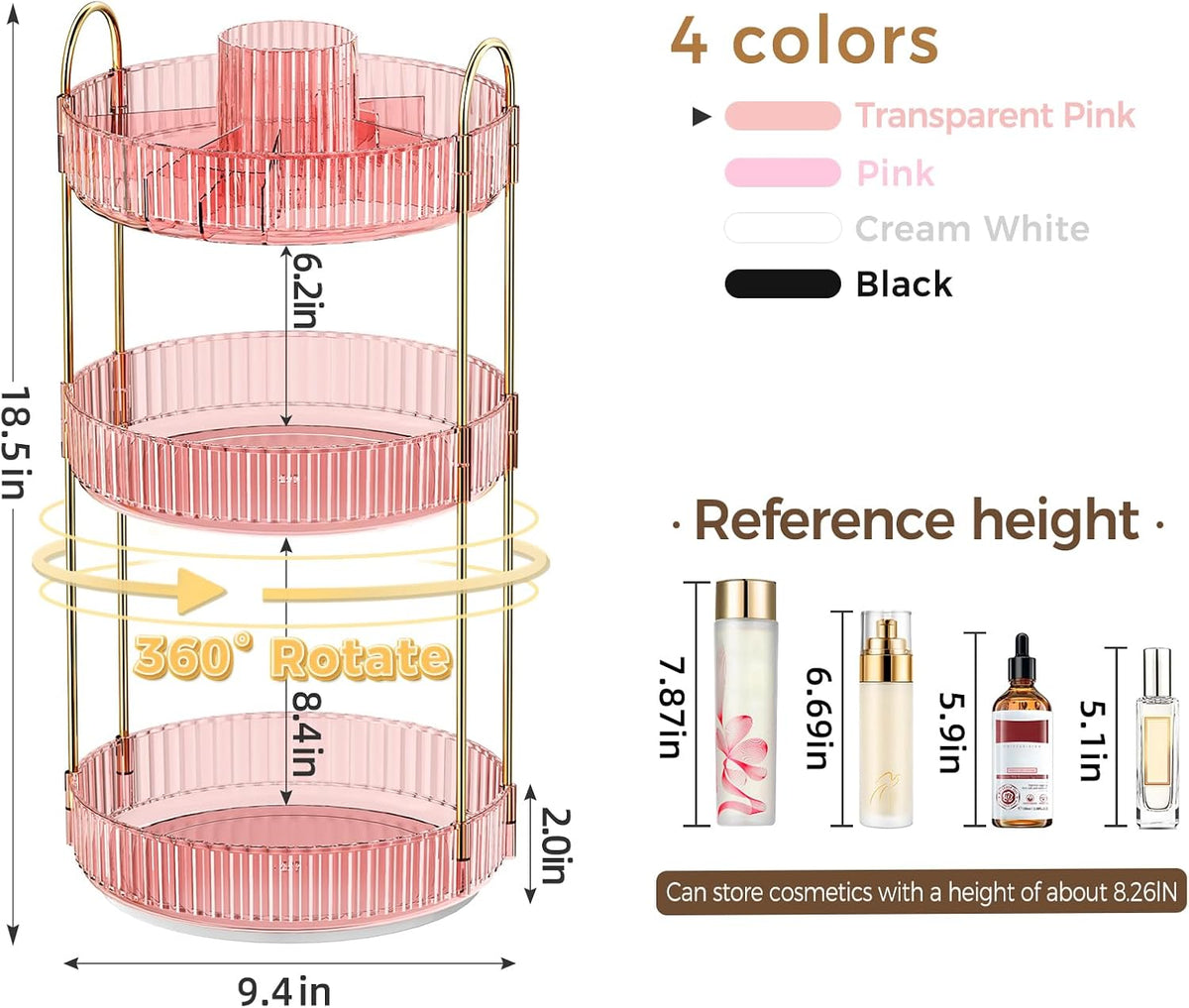360° Rotating Makeup Organizer, Upgraded 3 Tier Skincare Perfume Organizers for Women, Bathroom Organizer Countertop, Clear Cosmetic Dresser Organizer with Makeup Brush Holder, Sink&Counter(Amber)