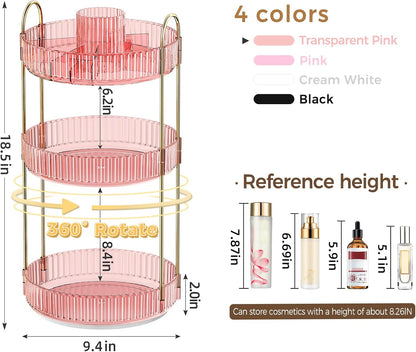 360° Rotating Makeup Organizer, Upgraded 3 Tier Skincare Perfume Organizers for Women, Bathroom Organizer Countertop, Clear Cosmetic Dresser Organizer with Makeup Brush Holder, Sink&Counter(Amber)